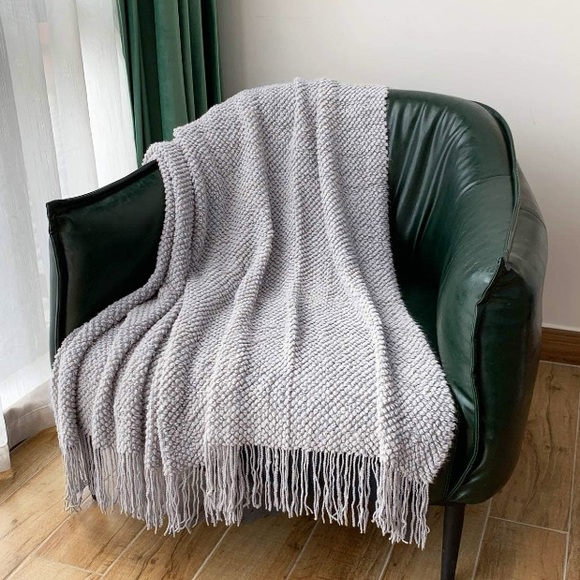Light Grey Boho Tassel Chunky Knit Dorm/Living/Bedroom Cozy Casual Throw Blanket - Picture 1 of 16